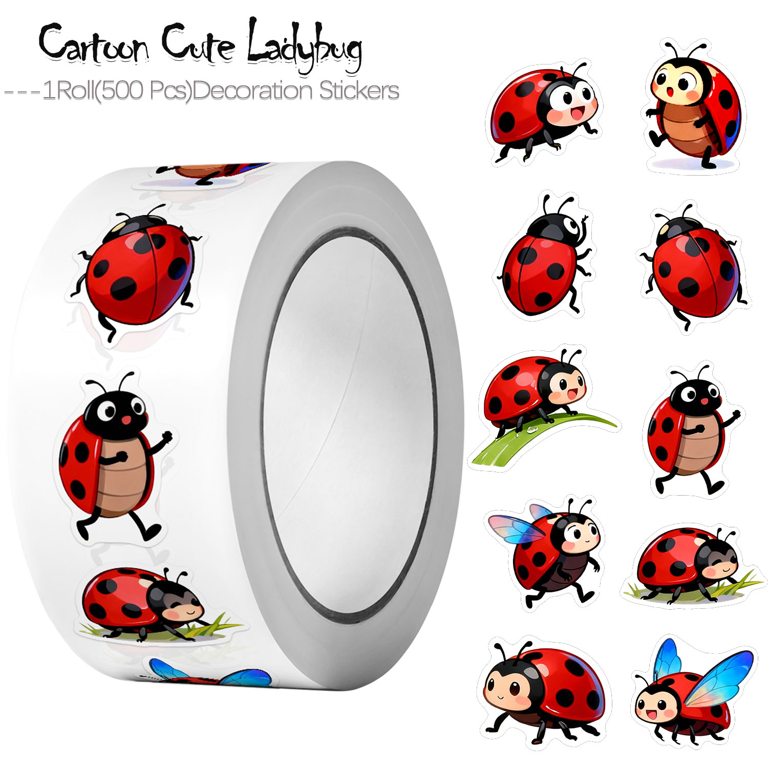 Art Craft Ladybug - 1 ม้วน (500 ชิ้น) สติกเกอร์ลายเต่าทองการ์ตูน 10
