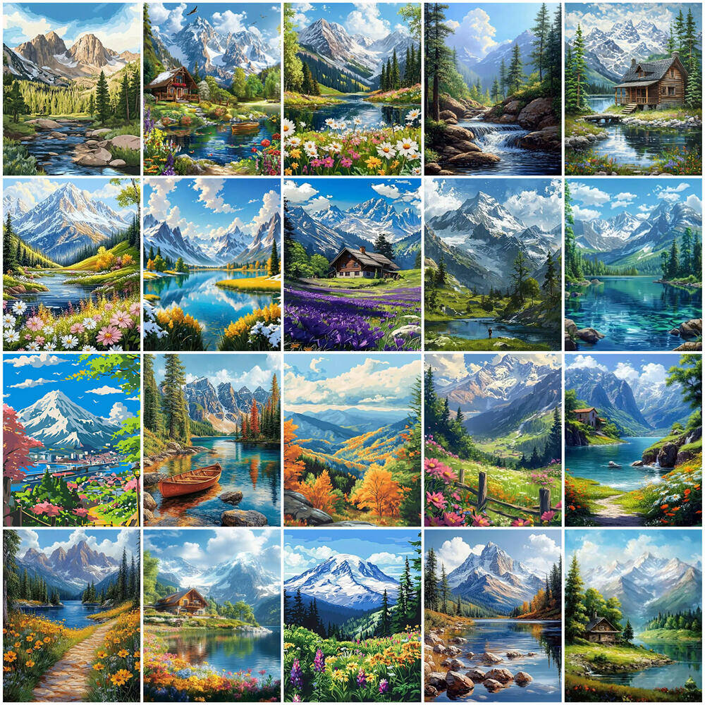Art And Craft Numbers - ภาพวาดสีน้ํามันโดยตัวเลขภูมิทัศน์ภูเขา DIY ภาพวาดดิจิตอลบ้านต้นไม้ภาพ Artcraft บนผ้าใบ Handpainted